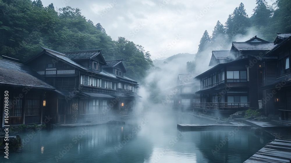 Fototapeta premium Serene Traditional Japanese Hot Spring Resort in the Forest. AI generated illustration