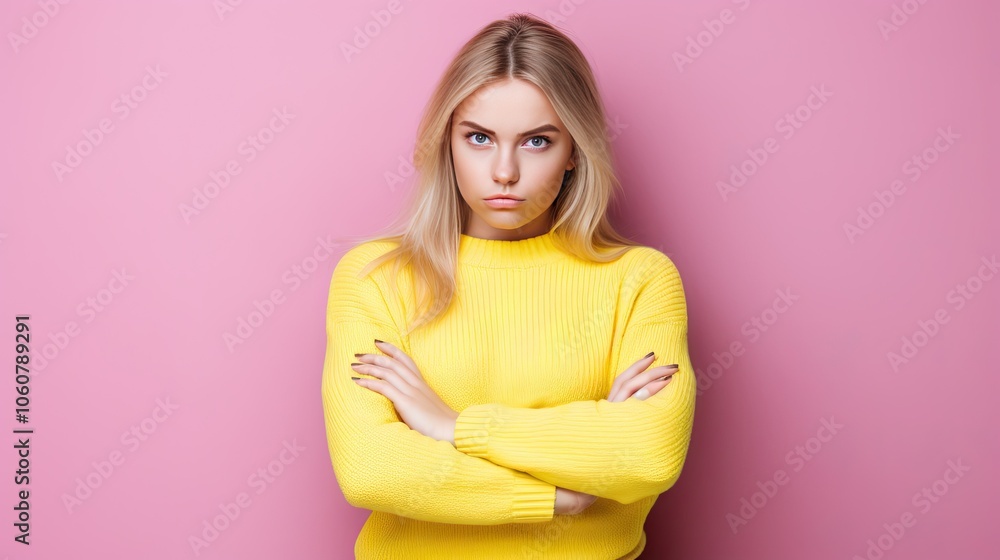 A woman stands with her arms crossed and looks at the camera. She is angry or upset. Illustration for cover, card, postcard, interior design, banner, poster, brochure or presentation. A woman stands with her arms crossed and looks at the camera. She is angry or upset. Illustration for cover, card, postcard, interior design, banner, poster, brochure or presentation.