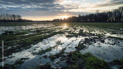 Empty wet field in early spring