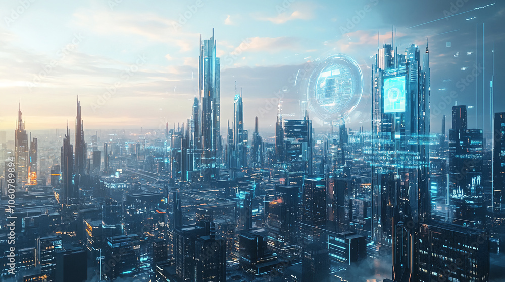 Naklejka premium A futuristic cityscape at dawn with glowing, digital interfaces