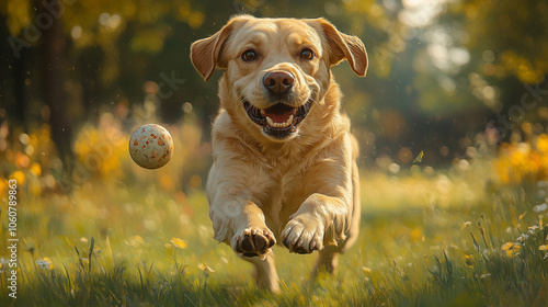 Labrador chasing a ball on a wide-open grassy park: The Labradorâs paws are in mid-air, and itâs focused intently on a ball bouncing ahead. Its face shows excitement and determinat photo