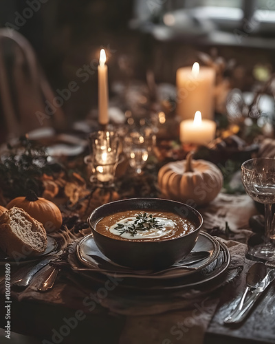 A beautifully arranged dinner table featuring a bowl of soup, pumpkins, and candles creating a warm, inviting atmosphere for autumn gatherings.