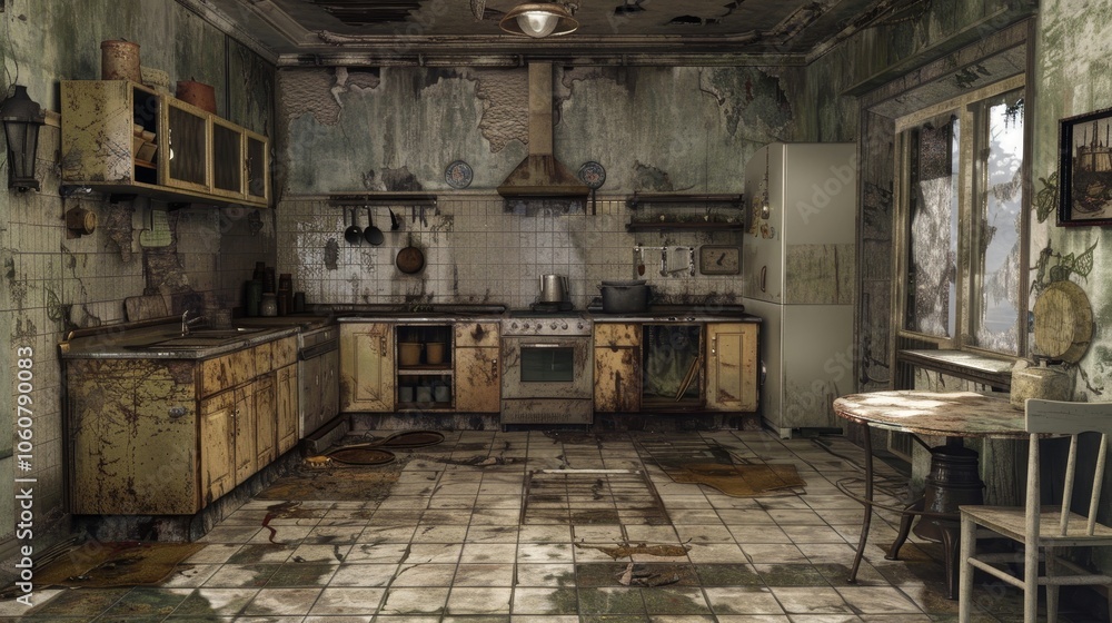 Realistic depiction of a dilapidated kitchen with greasy walls and stained floor tiles Realistic depiction of a dilapidated kitchen with greasy walls and stained floor tiles