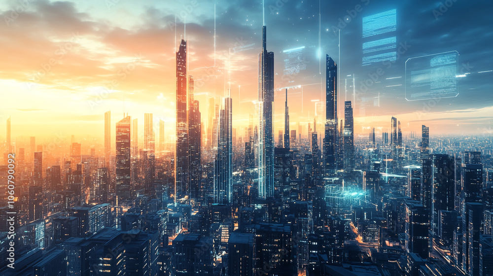A futuristic city skyline at sunset, illuminated with digital displays A futuristic city skyline at sunset, illuminated with digital displays