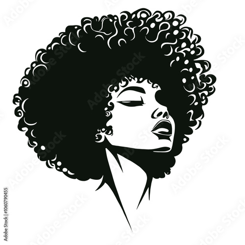Woman's head silhouette with curly afro puffs, black lines on white background, vector illustration