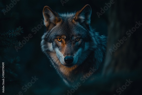 A majestic wolf peers through the forest. Its captivating eyes reflect wisdom and mystery. The dark colors enhance the wild spirit of this creature. Generative AI