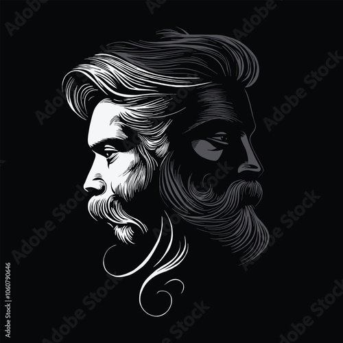 Black and white vector graphics of side profile head shot of attractive men with long hair, beard and mustache on black background