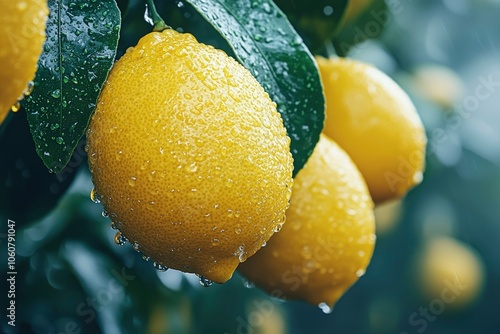 Ripe Lemons with Rainwater Droplets on a Branch photo