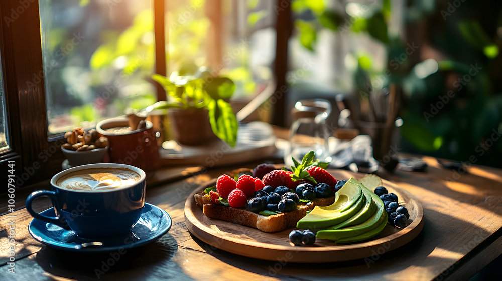 A vibrant breakfast spread featuring a wooden plate filled with fresh fruits such as bananas, blueberries, strawberries, and raspberries, alongside a coffee cup in a cozy cafe setting. A vibrant breakfast spread featuring a wooden plate filled with fresh fruits such as bananas, blueberries, strawberries, and raspberries, alongside a coffee cup in a cozy cafe setting.