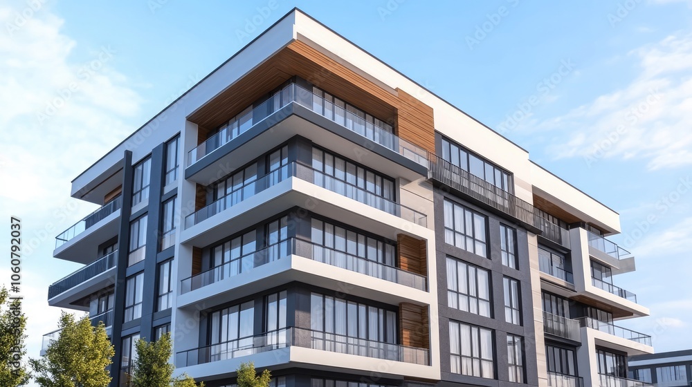Obraz premium Detail of Modern residential apartment flat building exterior. Fragment of New luxury house and home complex. Part of City Real estate property and condo architecture. Copy space. Blue sky.