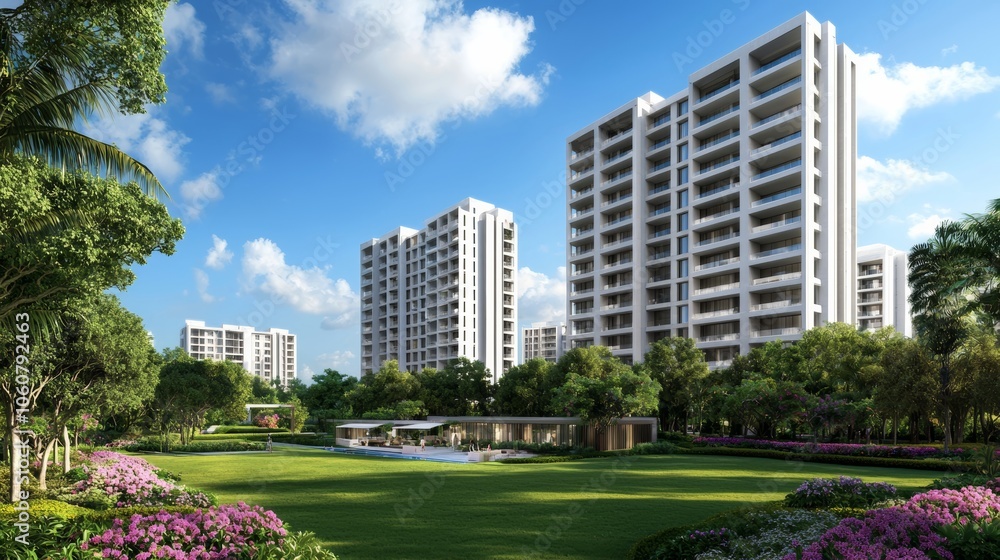Obraz premium Modern residential buildings surrounded by lush greenery under a clear blue sky, offering a serene and luxurious lifestyle.