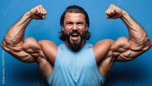 Obraz na płótnie Muskularny mężczyzna napinający bicepsy w salonie