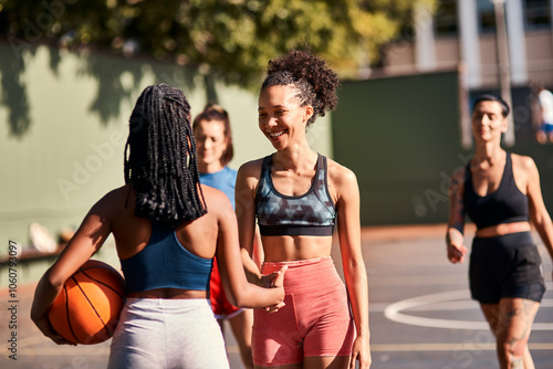 Принти на полотні Sport, handshake and women with ball, outdoor and camaraderie of athletes, basketball court and match