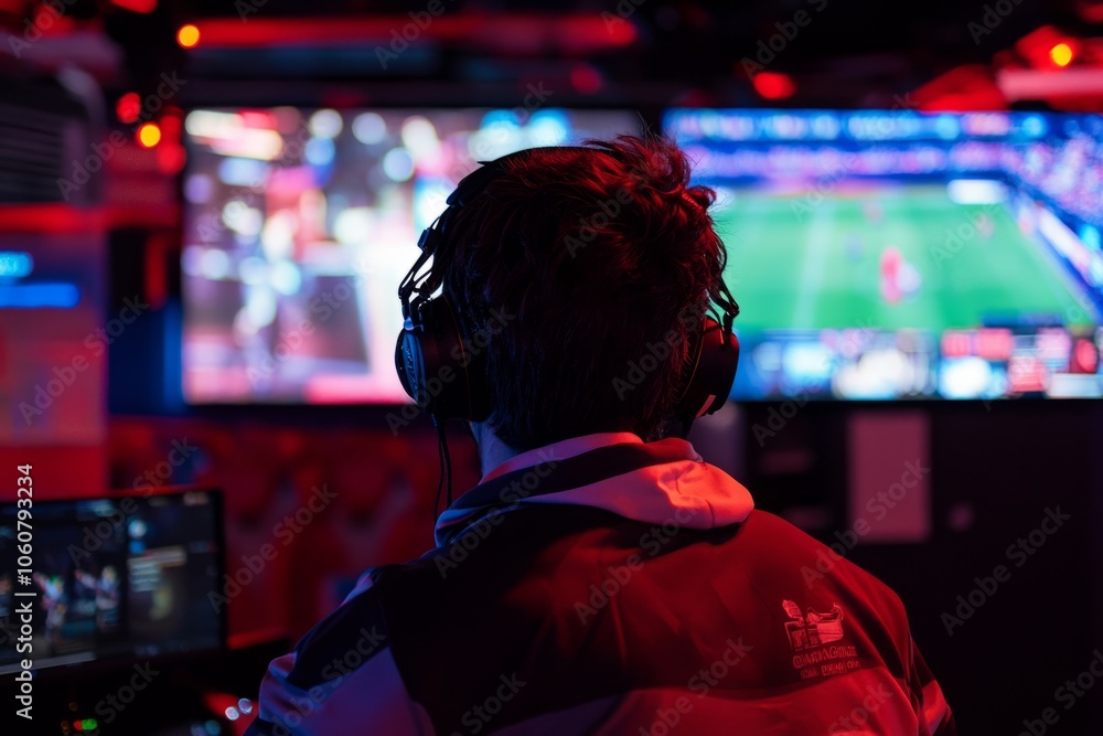 Focused gamer enjoying an eSports event. Bright screens illuminate the room. Excitement fills the air. A perfect atmosphere for gaming and competition. Generative AI Focused gamer enjoying an eSports event. Bright screens illuminate the room. Excitement fills the air. A perfect atmosphere for gaming and competition. Generative AI