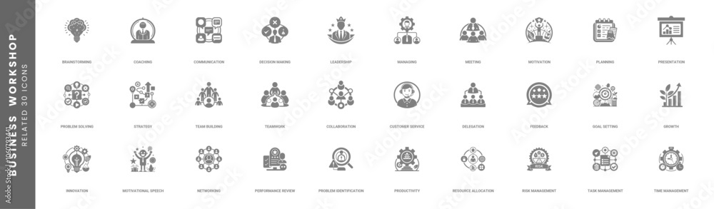 Business Workshop Related Set icon, Team Building, Teamwork, Coaching, Meeting, Planning, Problem Solving, Brainstorming, Strategy, Presentation and vector sheet icon set illustration Business Workshop Related Set icon, Team Building, Teamwork, Coaching, Meeting, Planning, Problem Solving, Brainstorming, Strategy, Presentation and vector sheet icon set illustration