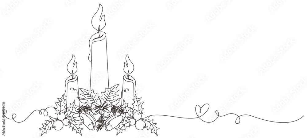 Line art style vector illustration of three Christmas candles and christmas baubles Line art style vector illustration of three Christmas candles and christmas baubles