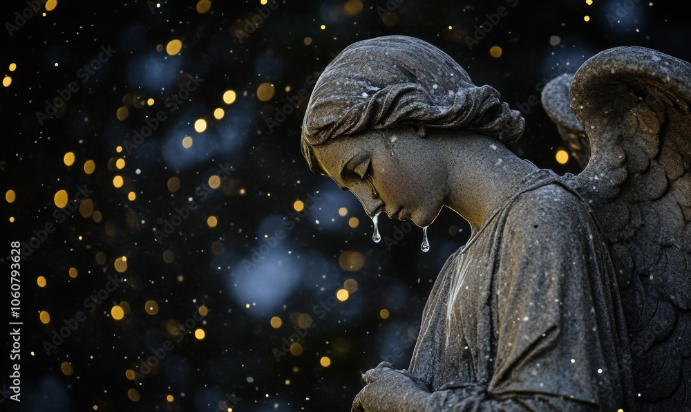 Stone angel statue crying with tears falling. Stone angel statue crying with tears falling.