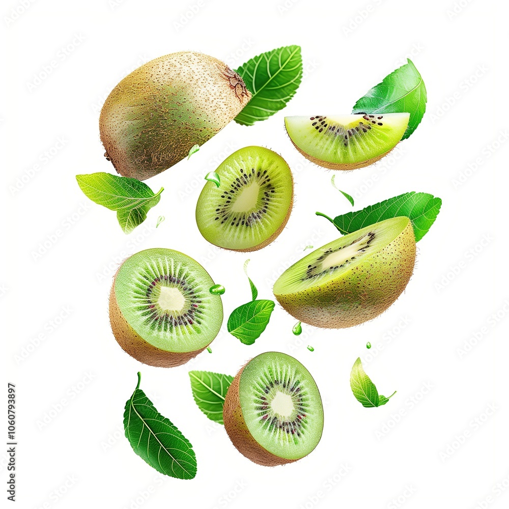 Fototapeta premium Kiwi with half slices falling or floating in the air with green leaves isolated on a white background