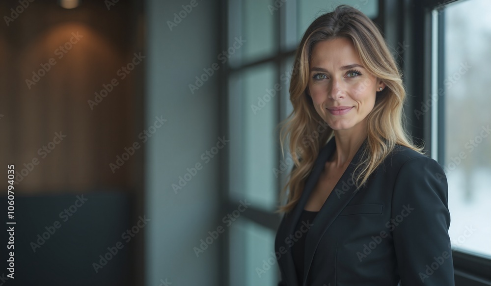 Confident businesswoman smiling warmly in office setting against window background Confident businesswoman smiling warmly in office setting against window background