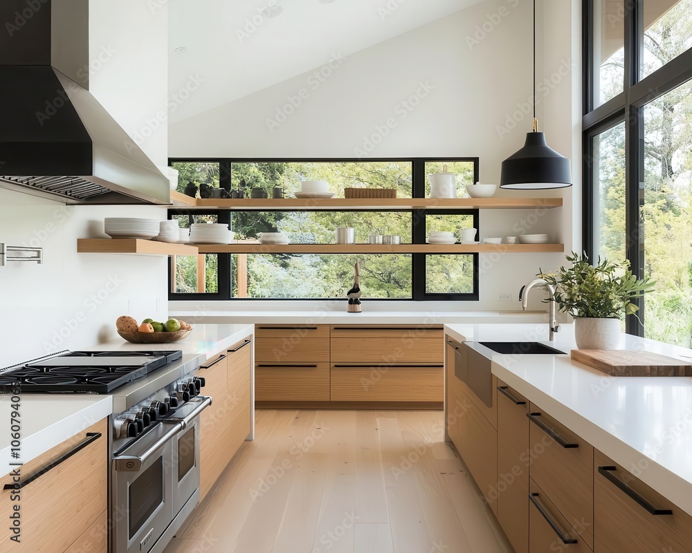 Contemporary bamboo kitchen, black accents, minimalist lighting, open shelving for a modern organic feel Contemporary bamboo kitchen, black accents, minimalist lighting, open shelving for a modern organic feel