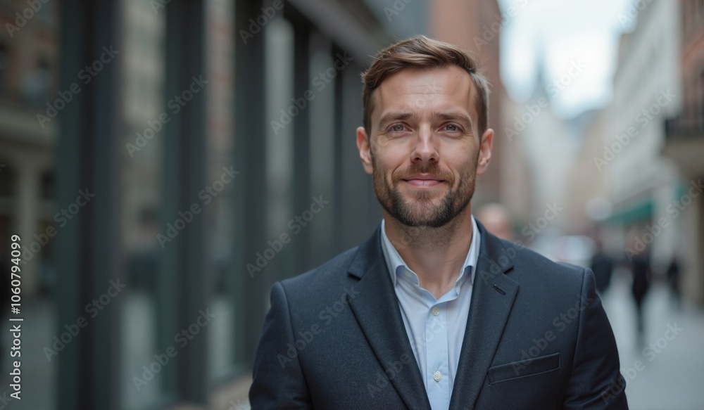 Confident businessman with friendly smile walking in urban street Confident businessman with friendly smile walking in urban street