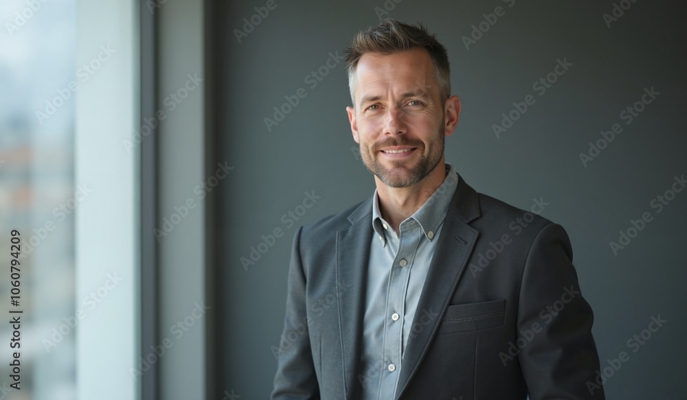 Confident businessman with friendly smile posing against office window Confident businessman with friendly smile posing against office window