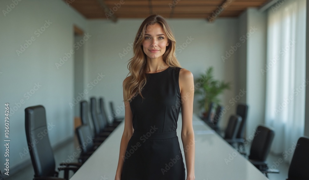 Confident businesswoman smiling in modern conference room with copy space Confident businesswoman smiling in modern conference room with copy space