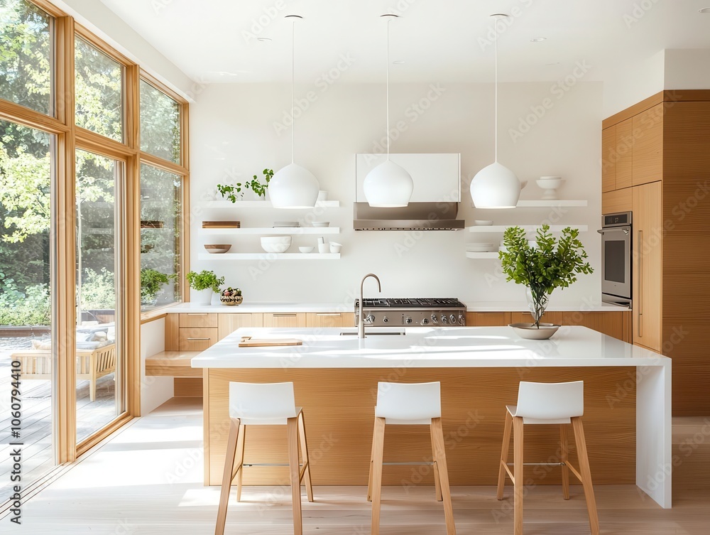Fototapeta premium Bamboo kitchen with white accents, soft lighting, modern layout, and clean lines for a sustainable style