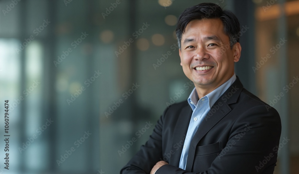 Asian businessman with confident smile posing in modern office environment Asian businessman with confident smile posing in modern office environment