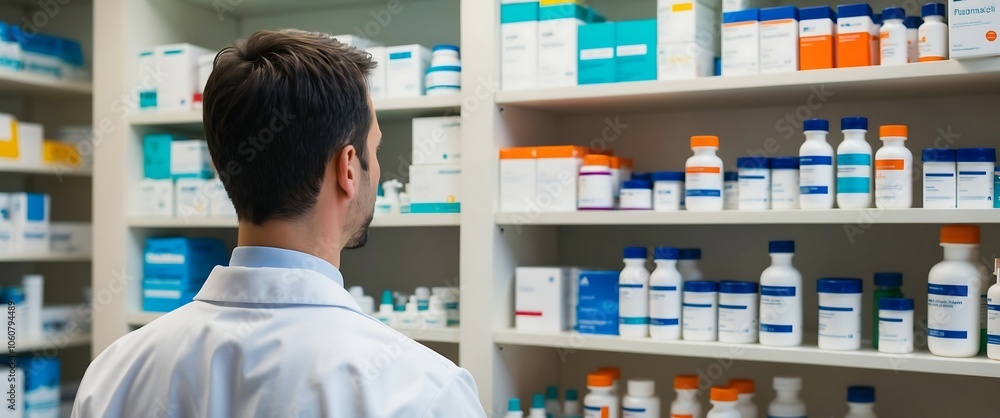 Farmaceuta stojący przed półką z lekami