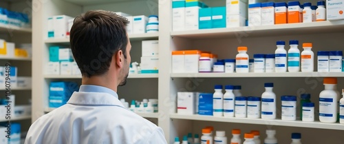 Obraz na płótnie Farmaceuta stojący przed półką z lekami w salonie
