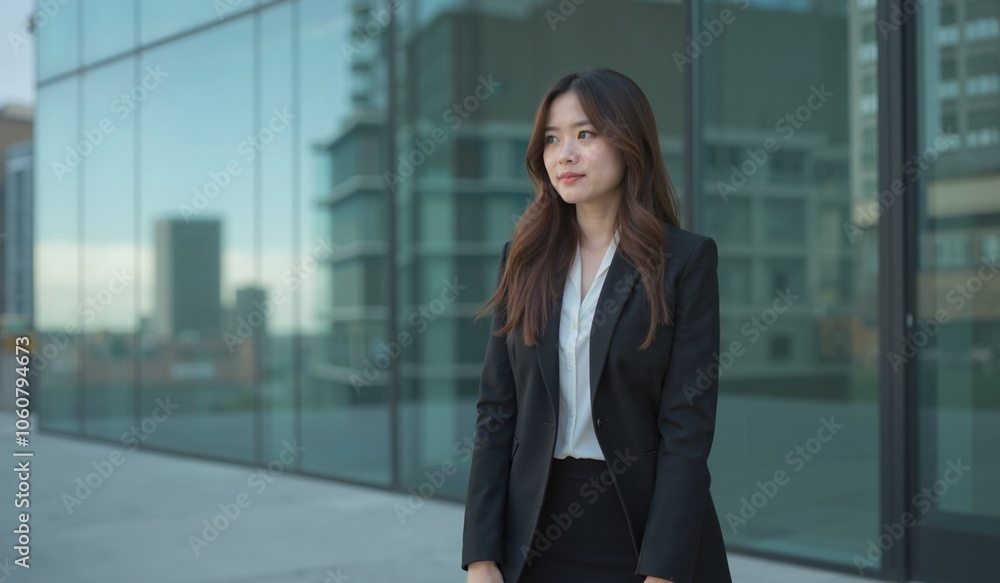 Young Asian businesswoman with confident smile standing against modern office building Young Asian businesswoman with confident smile standing against modern office building