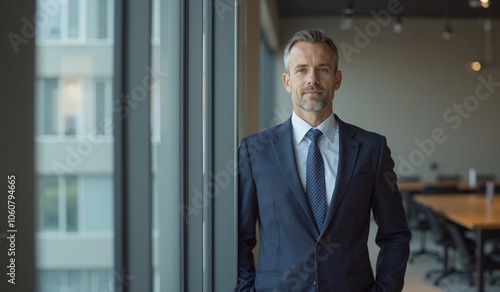 Confident businessman with determined expression standing in modern office against window view