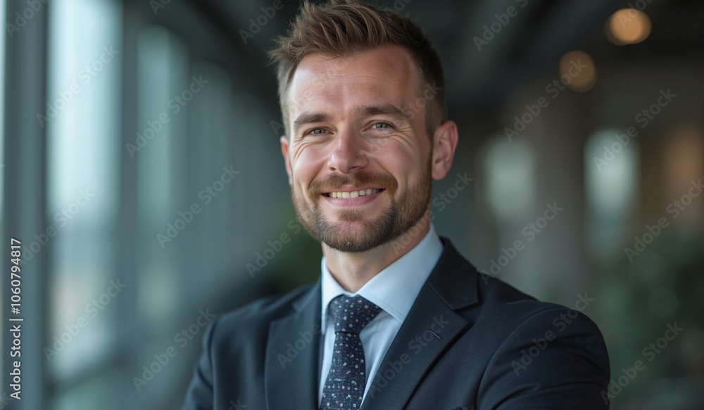 Confident businessman smiling warmly in modern office environment Confident businessman smiling warmly in modern office environment