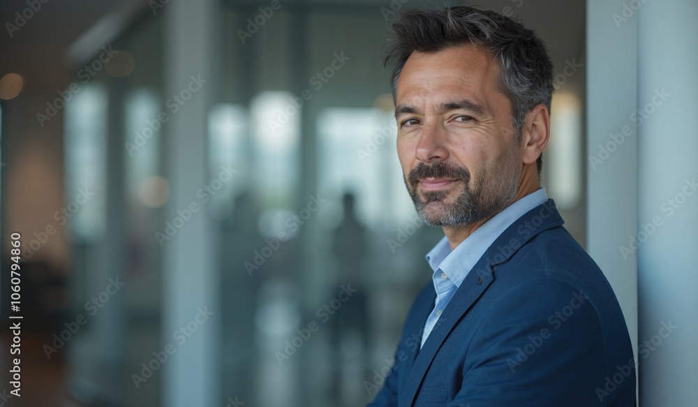 Confident businessman with friendly smile standing in modern office Confident businessman with friendly smile standing in modern office