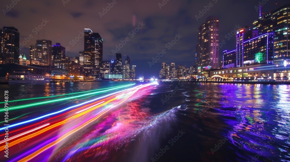 Fototapeta premium The colorful glow of car light trails illuminates the waterfront giving a sense of vibrancy and life to the otherwise still waters.
