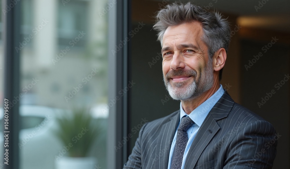 Confident Mature Businessman Smiling in Office Environment with Copy Space Confident Mature Businessman Smiling in Office Environment with Copy Space