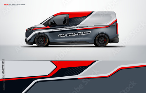 Sporty van wrap pattern design for universal medium van, with a touch of Abstract racing Graphics in red with background. Vector eps print ready printable file.