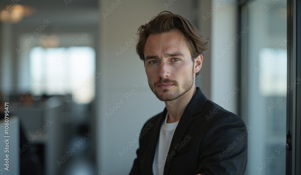 Confident Professional with Thoughtful Expression Standing in Modern Office Confident Professional with Thoughtful Expression Standing in Modern Office