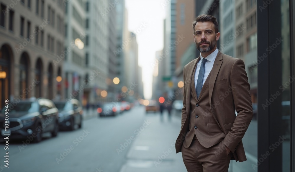 Confident businessman with determined expression standing in urban cityscape Confident businessman with determined expression standing in urban cityscape