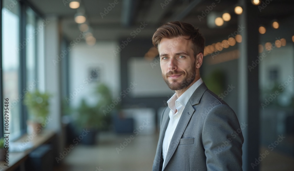 Confident businessman with friendly smile standing in modern office against blurred background Confident businessman with friendly smile standing in modern office against blurred background