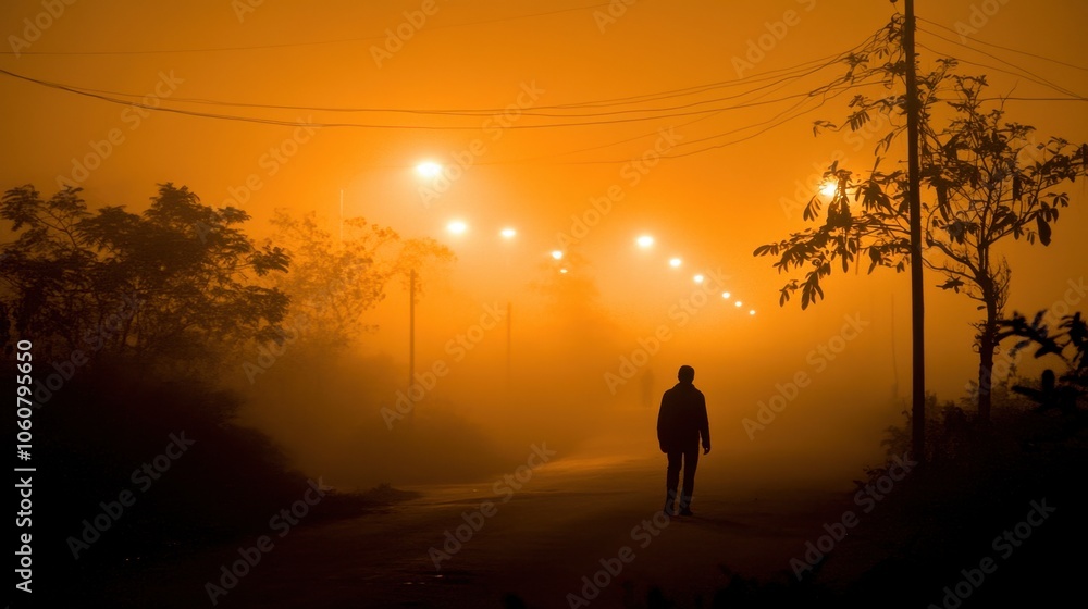 Solitary figure walking through a misty, orange-hued landscape Solitary figure walking through a misty, orange-hued landscape