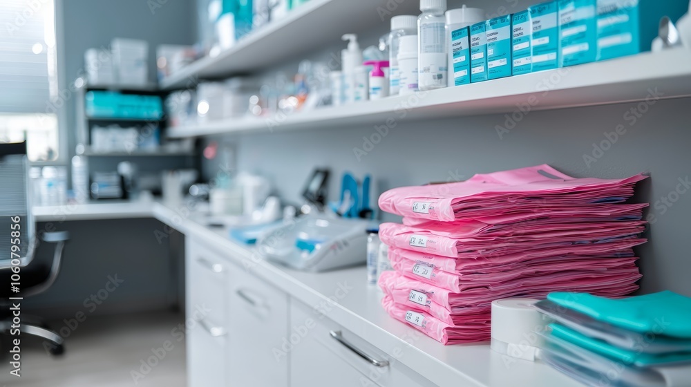Stacks of folded pink towels in a modern pharmacy, with shelves stocked with various medical supplies in the background. Stacks of folded pink towels in a modern pharmacy, with shelves stocked with various medical supplies in the background.