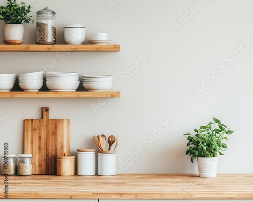 Compact bamboo kitchen, modern design, earthy tones, ecofriendly decor, and functional layout