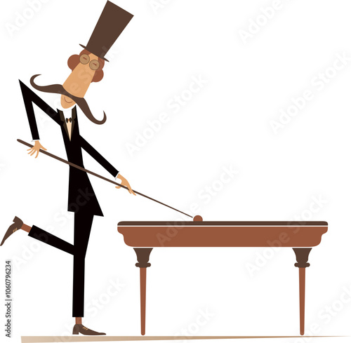 Man in the top hat playing billiards at club. 
Cute long mustache man in the top hat plays snooker. Isolated on white background
