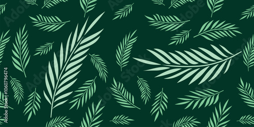 Illustration pattern leaves palms in Green background for fashion design or other products