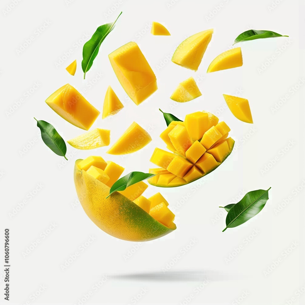 Mango with half slices falling or floating in the air with green leaves isolated on a white background Mango with half slices falling or floating in the air with green leaves isolated on a white background