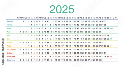 Calendar template in French for 2025. Planner for the year