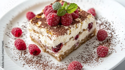 On top of the cake is a festive tiramisu decorated with berries