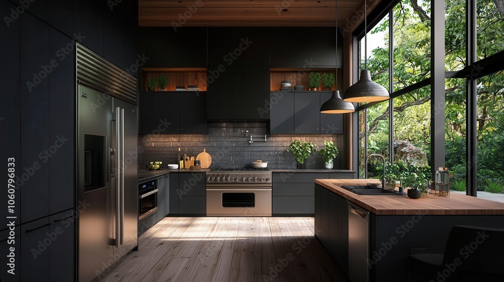 Urban bamboo kitchen, dark cabinetry, bright lighting, and industrial chic style with sustainable materials Urban bamboo kitchen, dark cabinetry, bright lighting, and industrial chic style with sustainable materials
